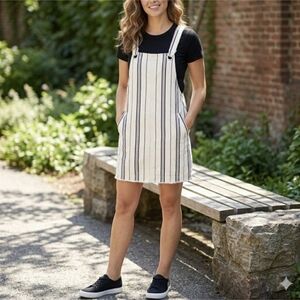 Alter'd State Cream & Blue Stripe Raw Edge Denim Overall Mini Dress Size Small